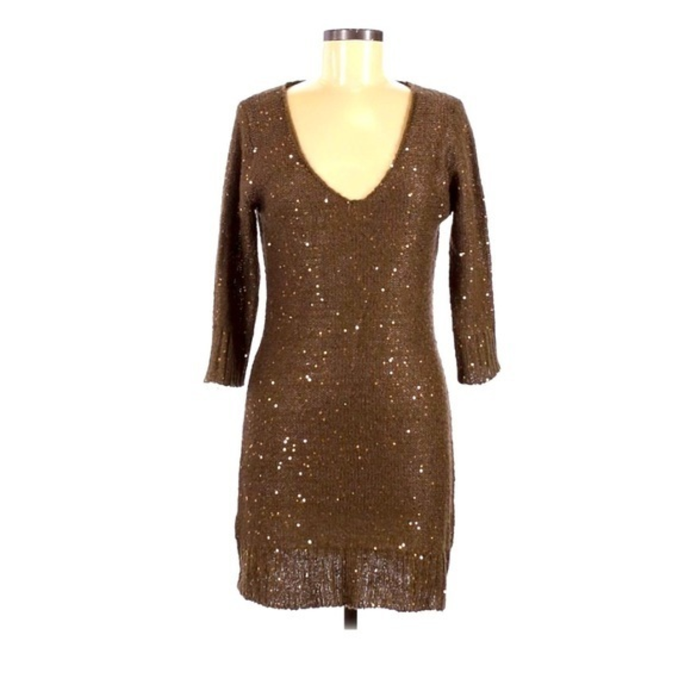 Studio M brown sequin v neck 3/4 sleeve holiday party sweater dress